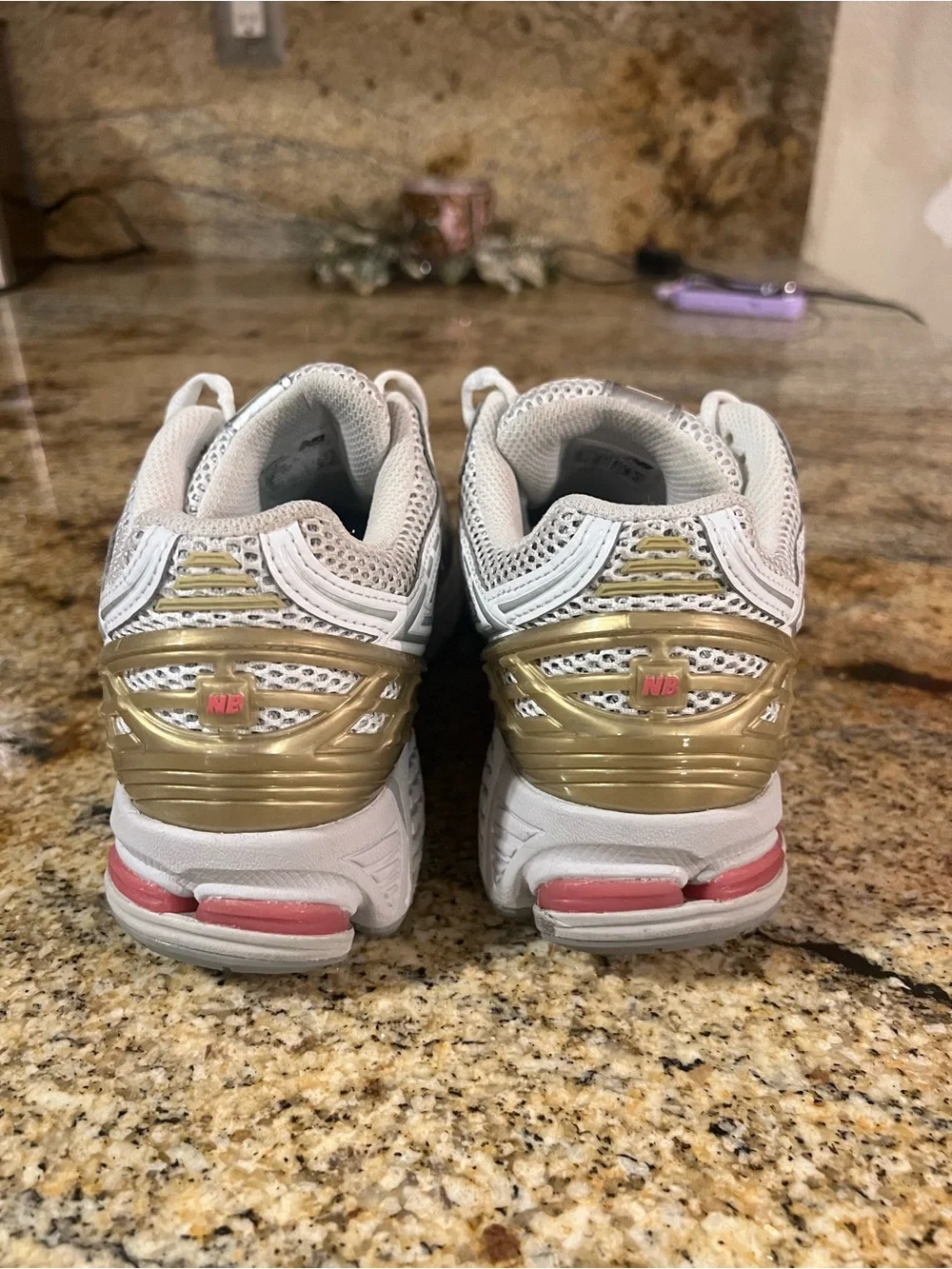 New Balance Men’s White Mesh Running Sneakers with Gold & Pink Highlights